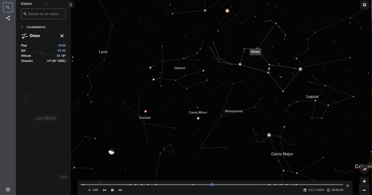 A digital star map showing the night sky on November 22, 2024, focused on the constellation Orion. Other constellations, including Gemini, Canis Minor, Cancer, and Canis Major, are labeled and visible around Orion. The interface includes a sidebar on the left with rise and set times, altitude, and direction for Orion, and a control bar at the bottom displaying "live" and playback options. The scene is dark with white stars connected by constellation lines.