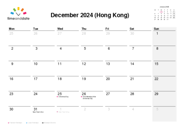 Calendar for 2024 in Hong Kong