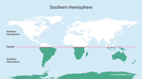 World map showing the Southern Hemisphere in green below the pink line marking the Equator.