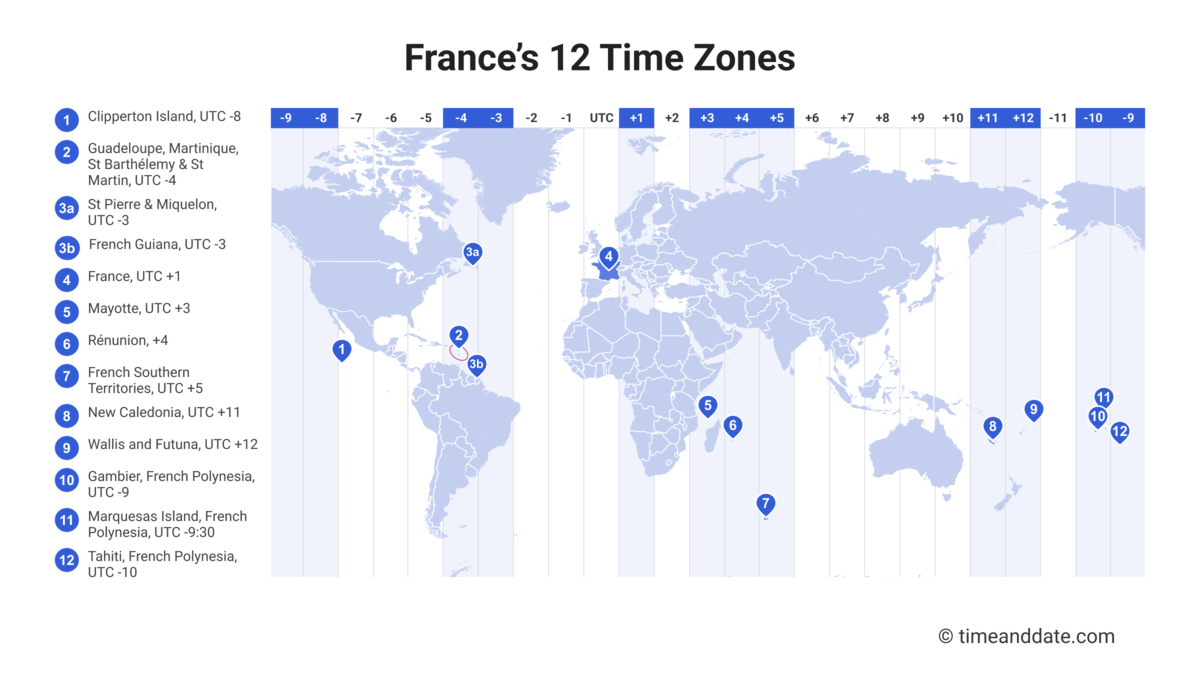 Time zone map illustration showing the 12 different time zones for France.