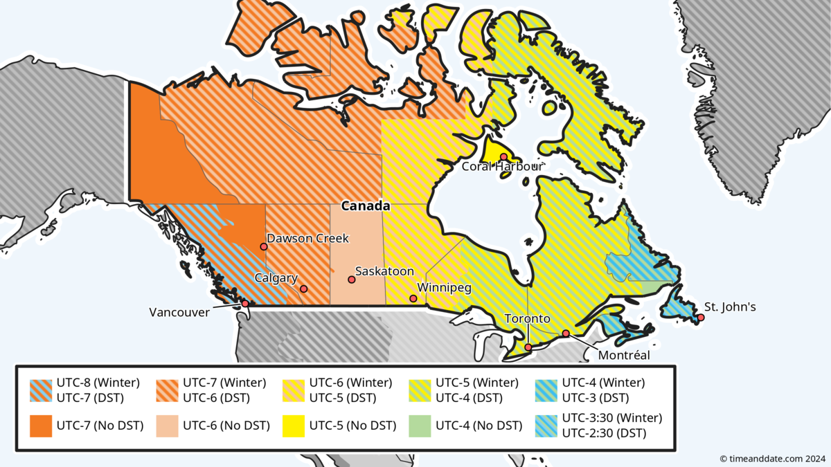 A map of time zones and DST in Canada.